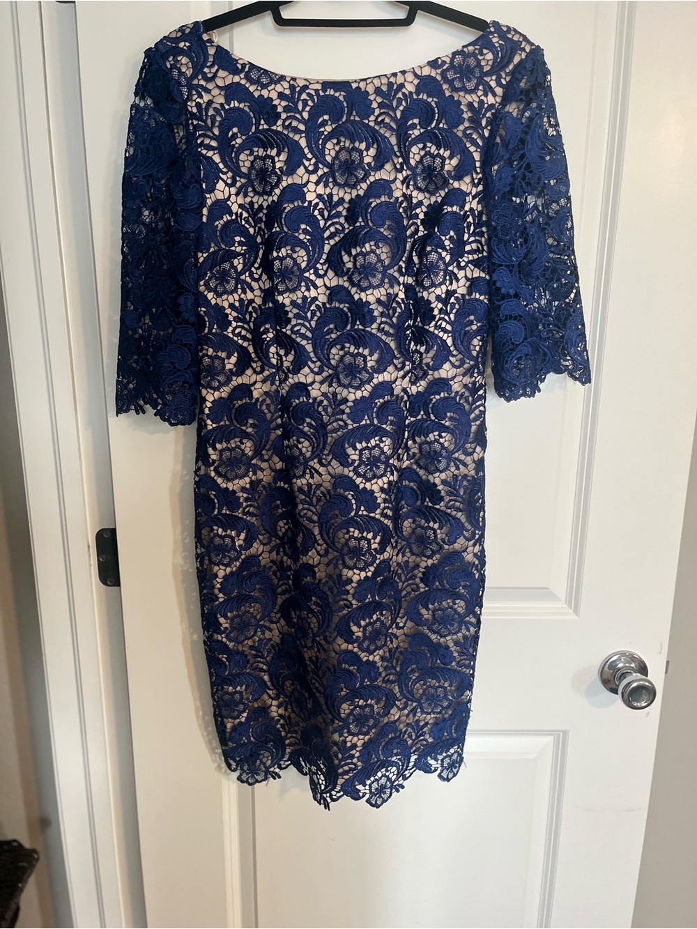 Eliza J Navy Floral Lace Midi Dress with Nude Lining